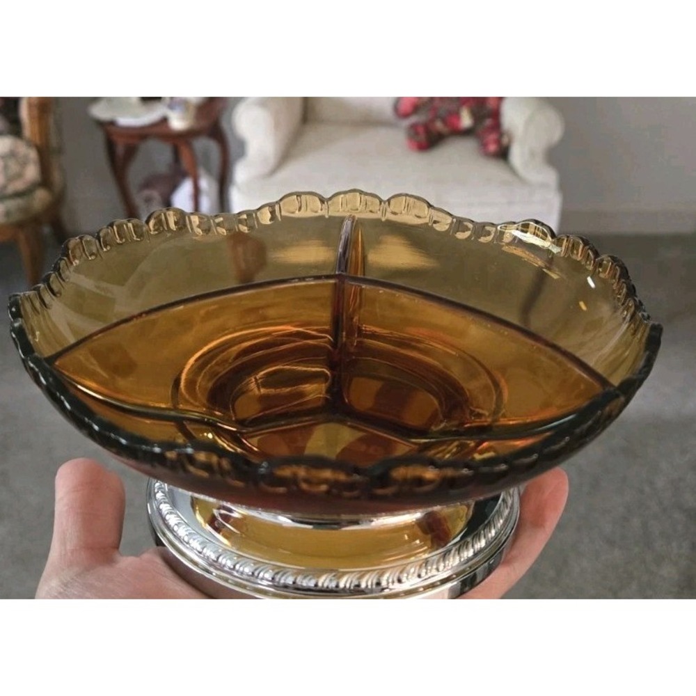 Vintage Farber Bros KromeKraft Amber Glass Relish Candy Nut Dish Chrome Art Deco